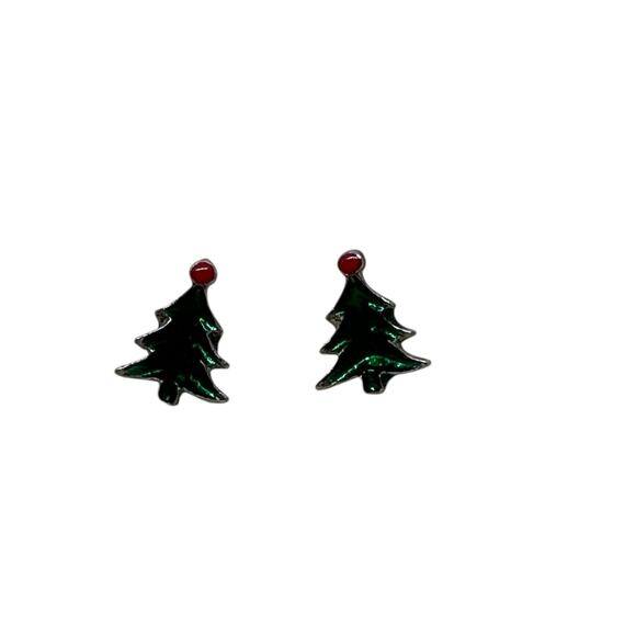 Vintage Christmas Tree Stud Earrings - Holiday Festive Silver Tone Jewelry - Picture 2 of 7